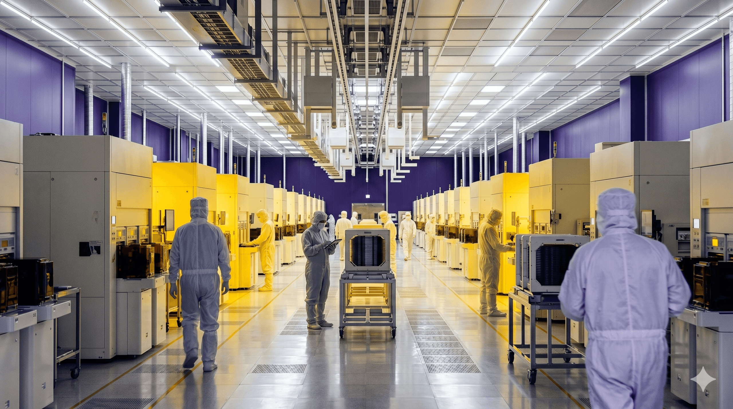 Wide interior shot of a Korean semiconductor cleanroom with bunny-suited technicians and yellow-lit lithography aisles in one-point perspective