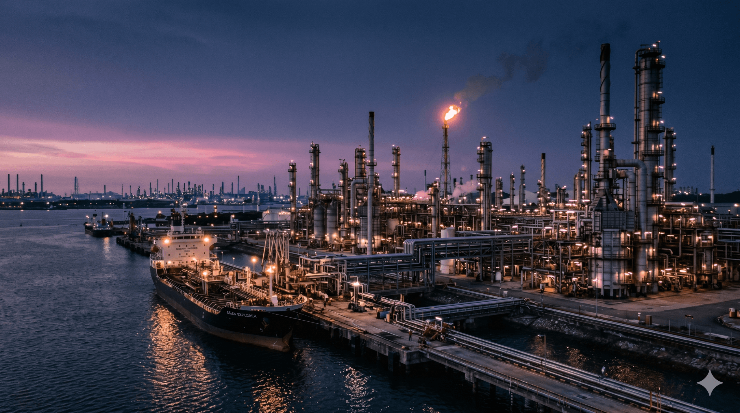 Dusk wide shot of an Asian petrochemical complex with distillation columns, pipe racks and a specialty chemical tanker at jetty