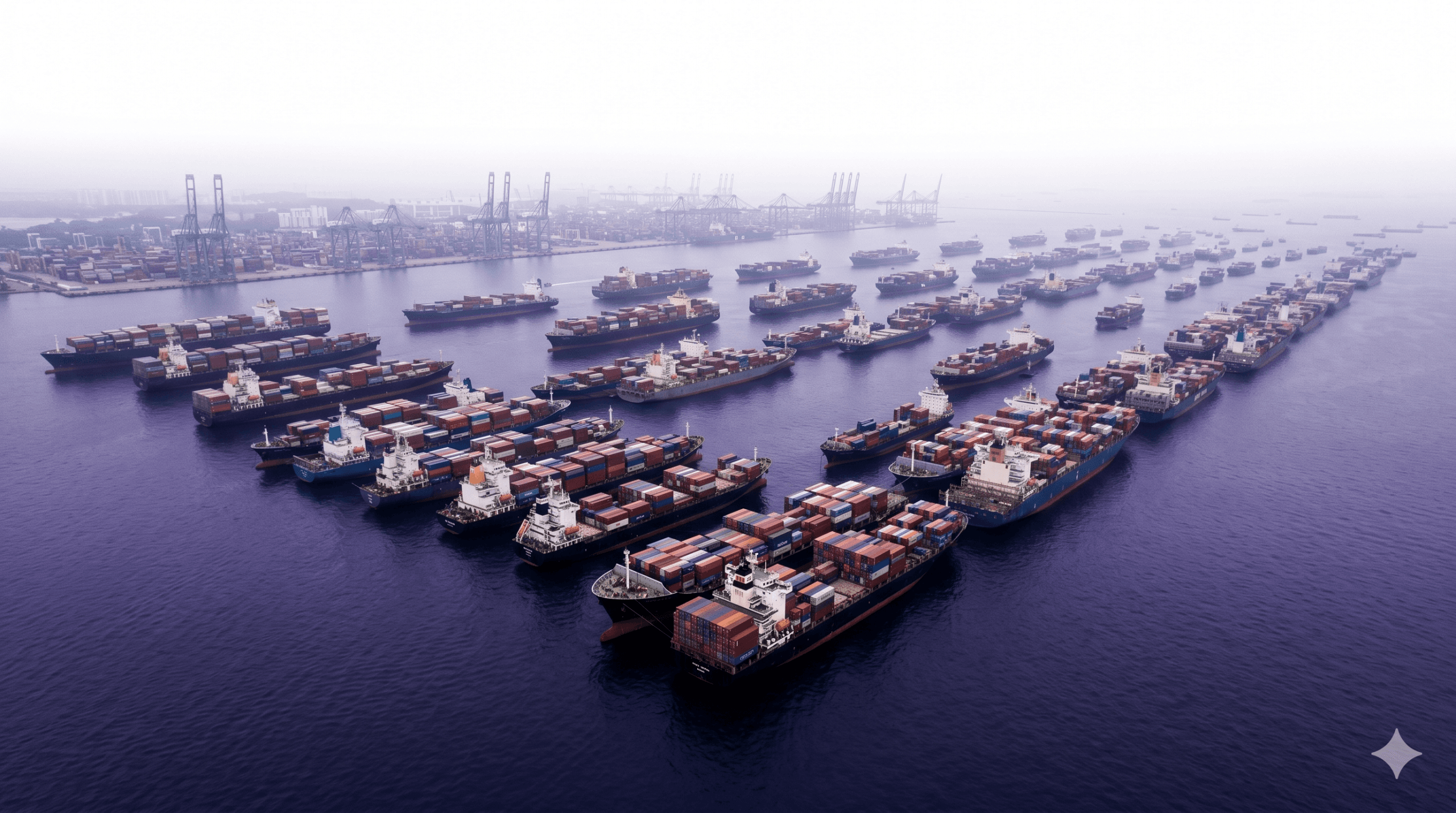 Aerial view of a dense queue of container ships anchored off a major Asian container port in morning haze