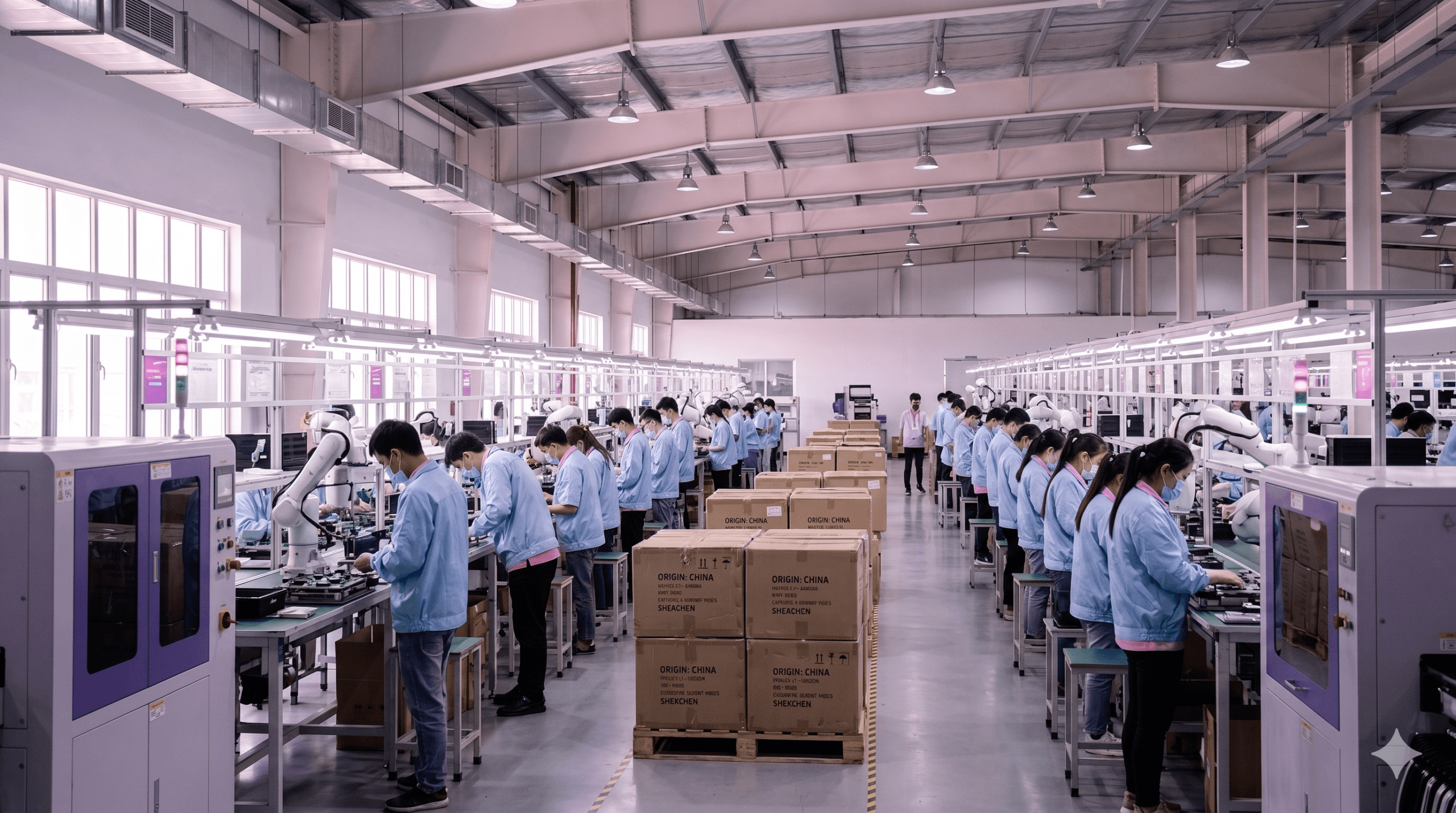 Interior wide shot of a Vietnamese or Thai electronics assembly line with Chinese-origin component pallets in the mid-ground