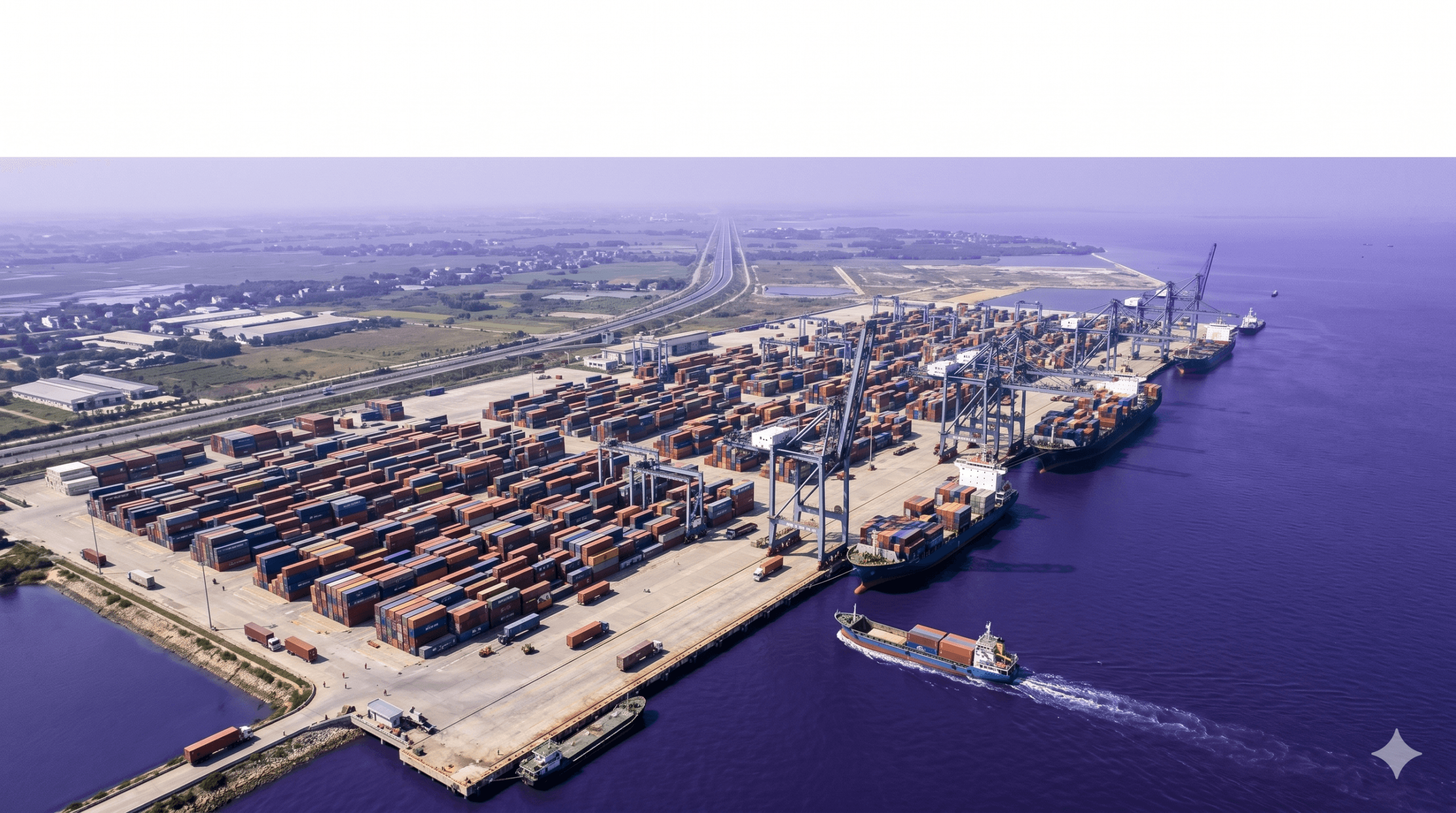 Aerial view of Hai Phong's Lach Huyen terminal with container gantries, stacked yards and the Hanoi expressway cutting inland