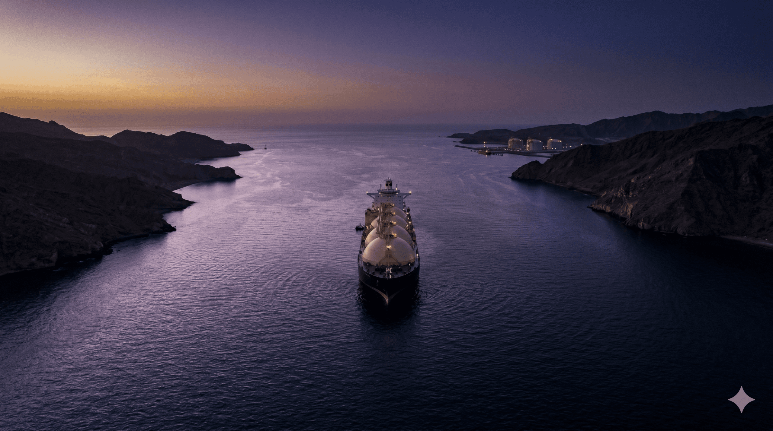 Aerial dusk view of an LNG tanker in the narrow Strait of Hormuz with an Asian receiving terminal on the horizon