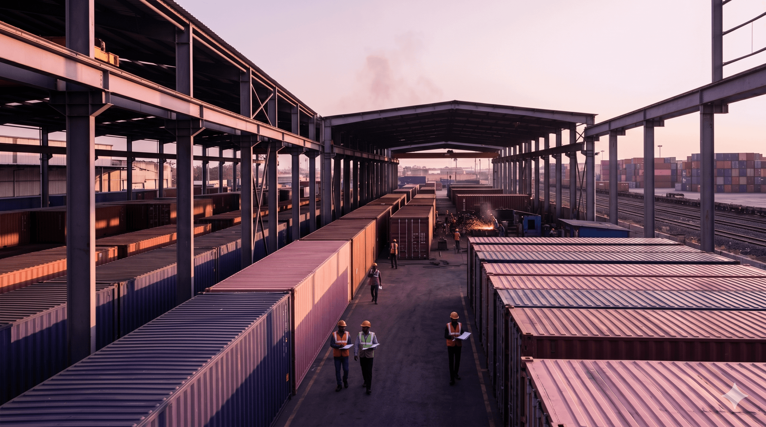 Wide golden-hour view of an Indian shipping container manufacturing yard with rows of freshly painted containers and a rail spur in the background