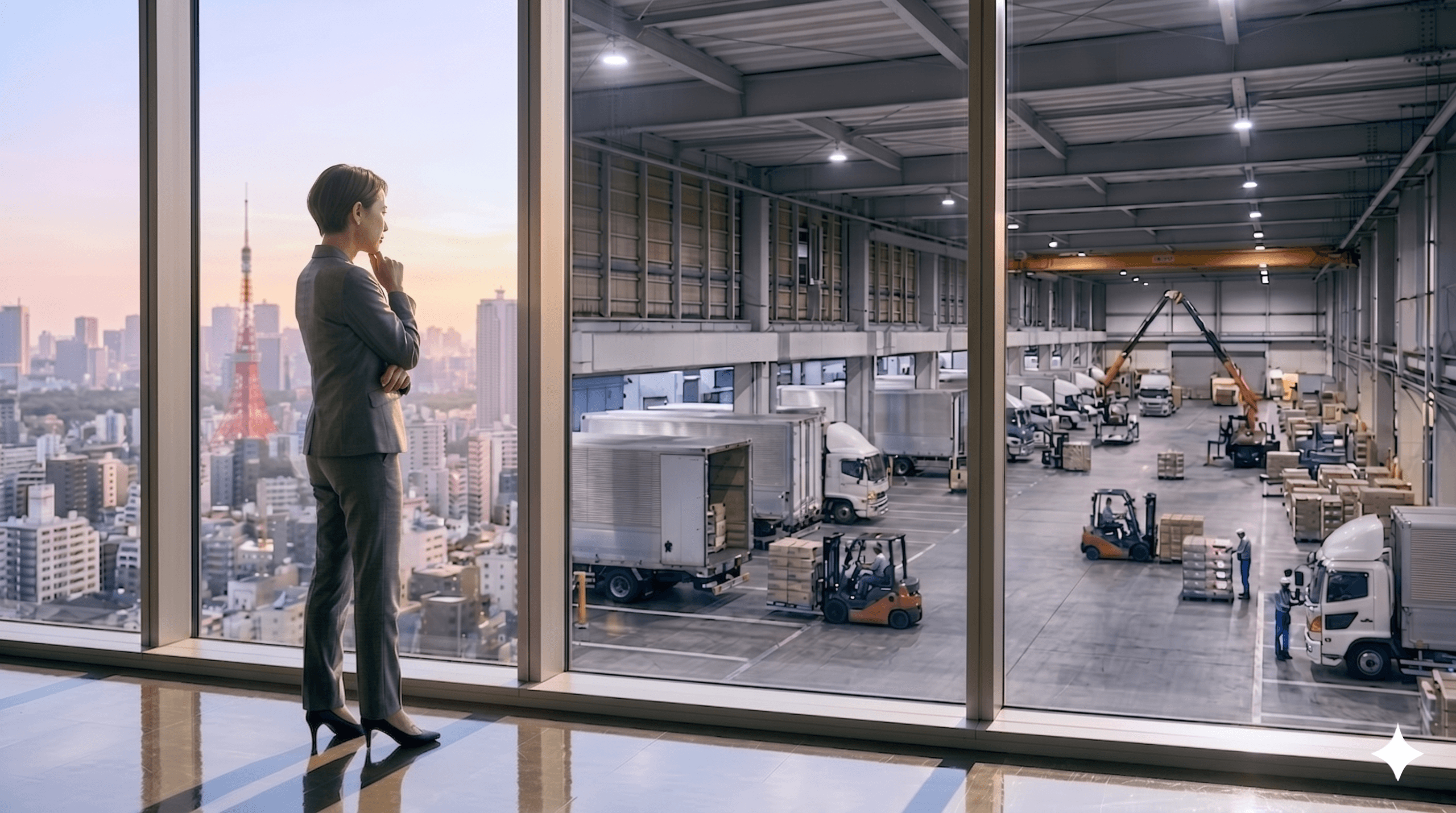 Silhouetted executive at a Tokyo office window looking through to a lit distribution centre with trucks and pallet movement