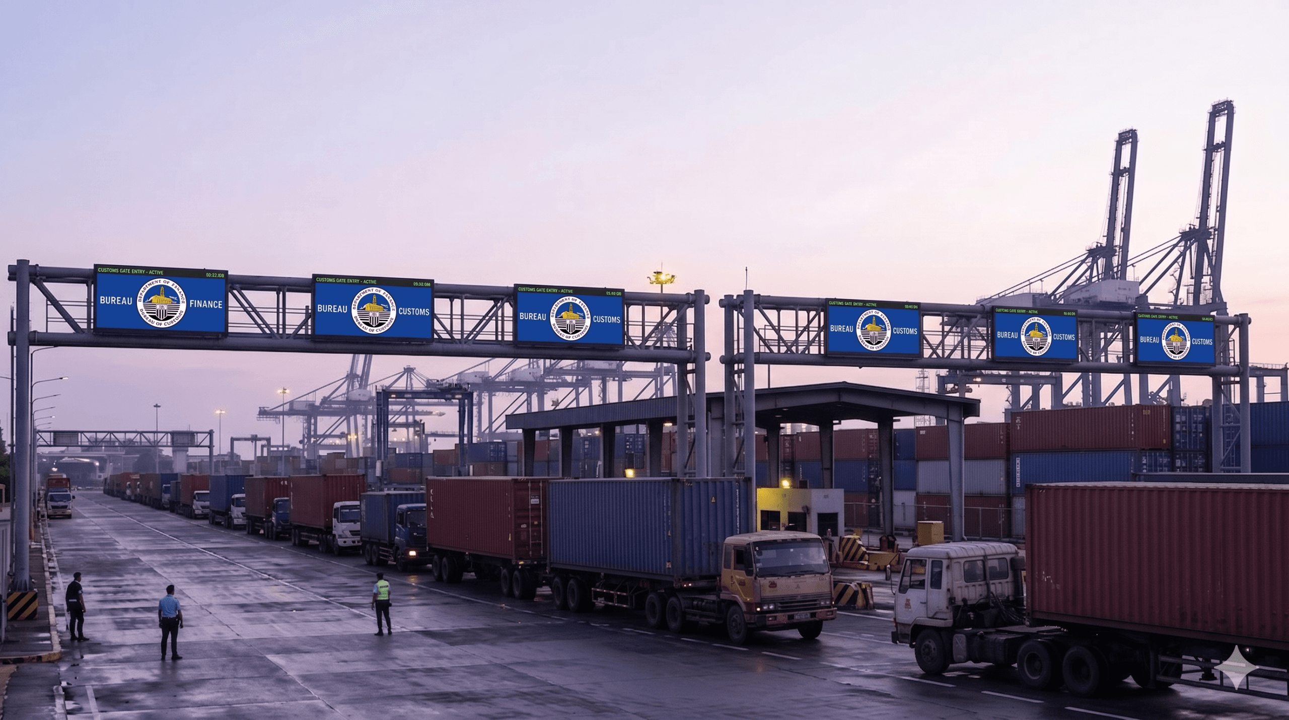 Dawn view of a Manila-area container terminal gate with queued trucks and faintly glowing customs gantry display boards