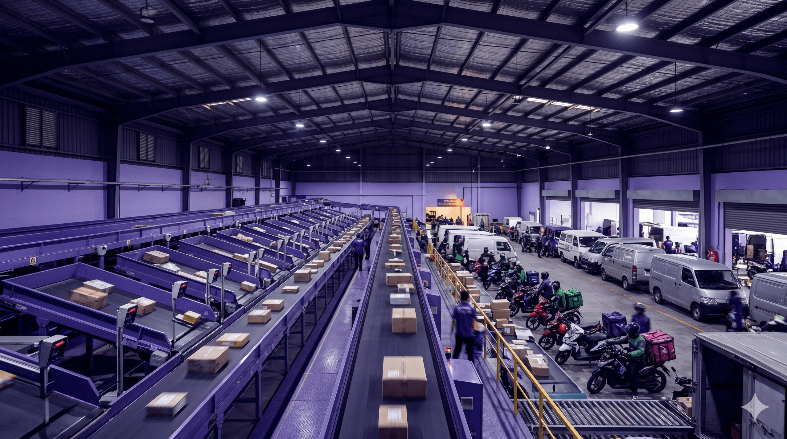 Wide interior view of a Southeast Asian parcel sortation hub with conveyors, scanners, and a mixed last-mile fleet of vans and motorbikes at the loading dock