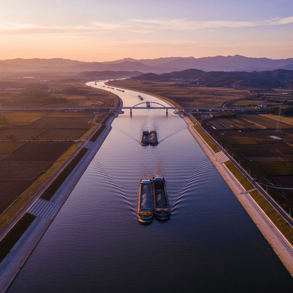 Aerial view of the Pinglu Canal in Guangxi, China, showing cargo vessels traveling along a newly constructed waterway designed to boost trade with Southeast Asia.